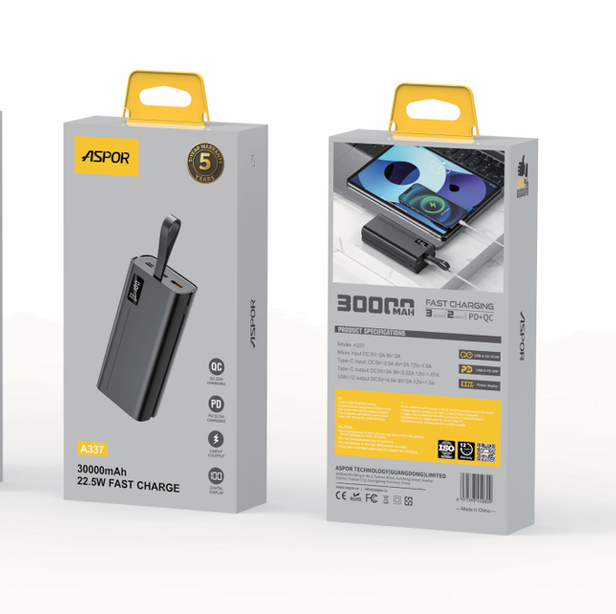 092a327a-a99b-49b3-aef3-72c4c0fe40aa.png 🔋 باور بانك ASPOR A337 بسعة 30000mAh بخاصية الشحن السريع 22.5 واط - الصورة 1