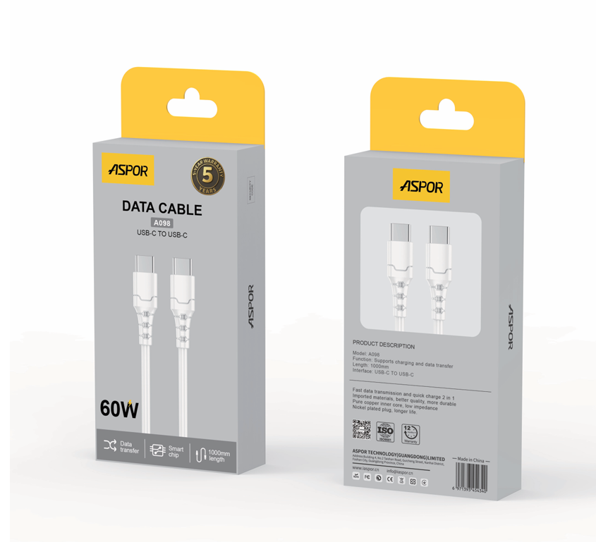 c1cf055c-80e1-40d2-9f56-205f5da1f1d5.png ⚡ كابل بيانات ASPOR A098 USB-C إلى USB-C بقوة 60واط - الصورة 1